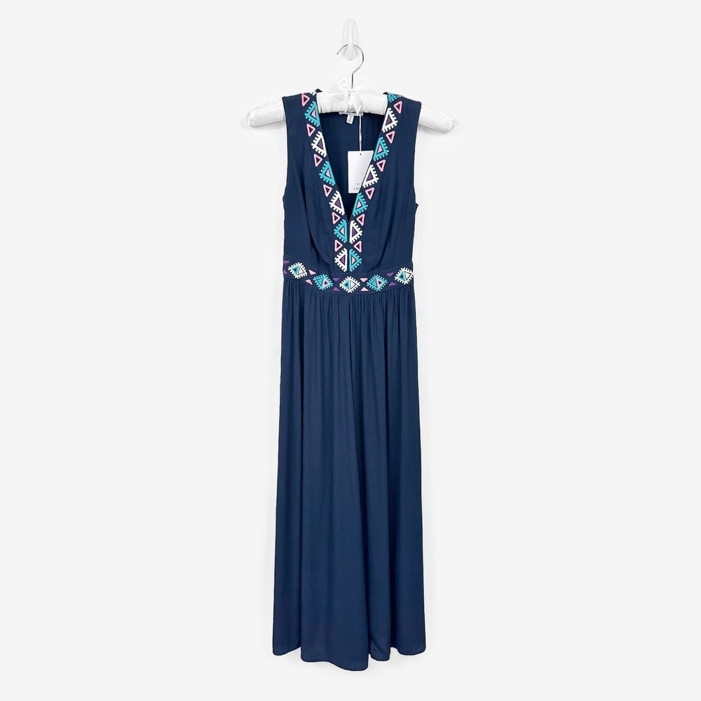 & Other Stories Embroidered Midi Dress Size 0 Navy Blue Viscose Boho Summer